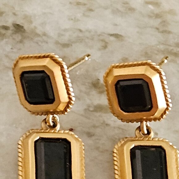 RARE DESIGNER MONICA RICH KOSANN 18K GOLD ONYX OCTAGON OBLONG PIERCED EARRINGS - Picture 12 of 13